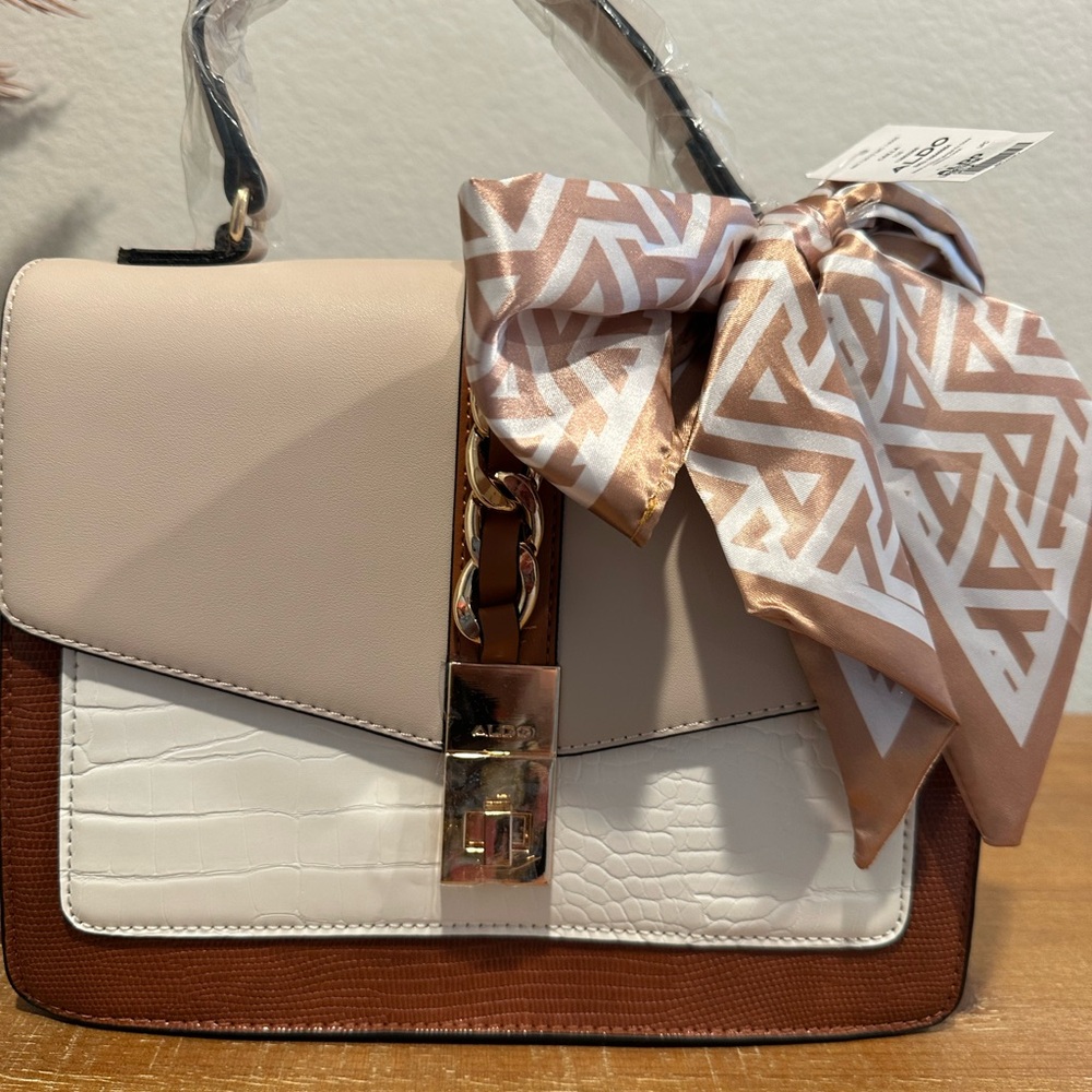 NWT Aldo Women's Cream, White and Brown Satchel with Scarf
